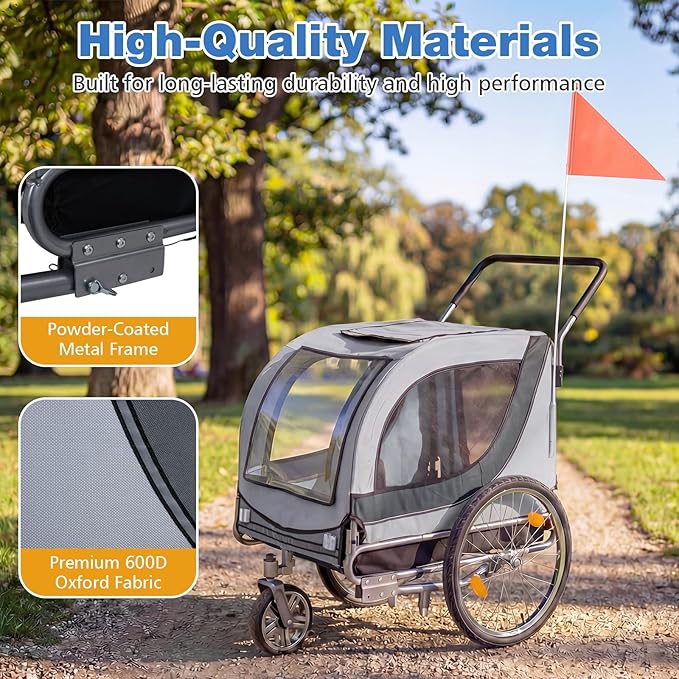 Giantex 2-in-1 Dog Bike Trailer & Pet Stroller for Large Dogs – Foldable Pet Carrier Cart with Front Caster & 2 Air-Filled Tires, Breathable Mesh, PVC Rain Cover, 176 lbs Capacity