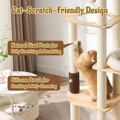 Modern Solid Wood Cat Tree for Indoor Cats Up to 15lbs, 60" Tall & Wide Cat Tower with Scratching Posts, Scratcher & Self-Grooming, Large Cat Beds, Capsule Nest, Multi-Level Cat Furniture