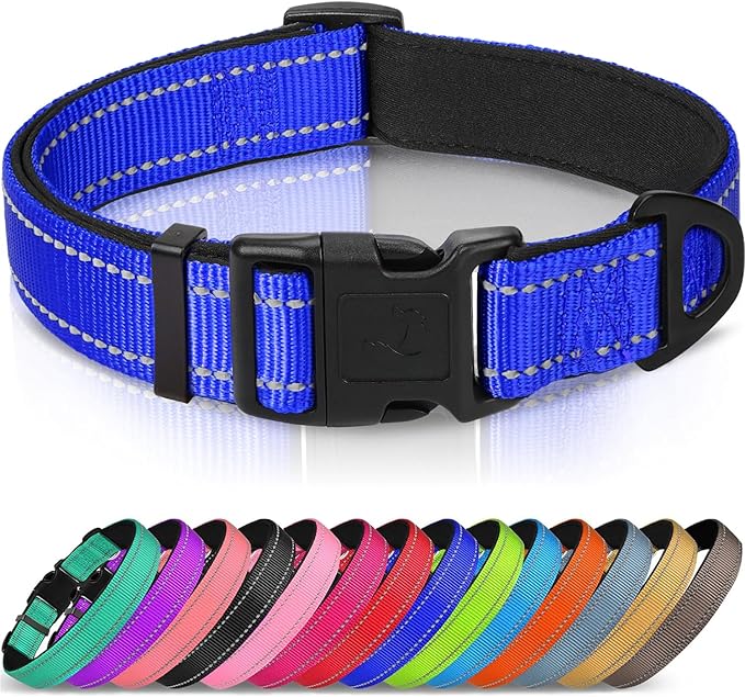 Joytale Reflective Dog Collar, Soft Neoprene Padded, Metal D-Ring, Nylon Pet Collar Adjustable for Large Dogs, Navy Blue, L
