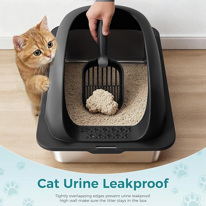 OLIXIS Stainless Steel Cat Litter Box with Lid, Large Cat Litter Box for Big Cats, High Wall Sides, Anti-Urine Leakage, Easy Cleaning, Scoop and Mat Included, Black