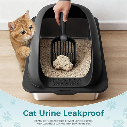 OLIXIS Stainless Steel Cat Litter Box with Lid, Large Cat Litter Box for Big Cats, High Wall Sides, Anti-Urine Leakage, Easy Cleaning, Scoop and Mat Included, Black
