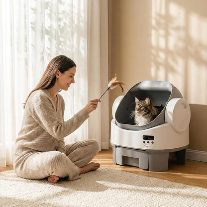 WARCAT Self-Cleaning Cat Litter Box, Open-Top Automatic Litter Box with Child Lock, 10L Large Capacity Waste Drawer, No APP Required, Includes Garbage Bags & Cleaning Mat (Gray & White)