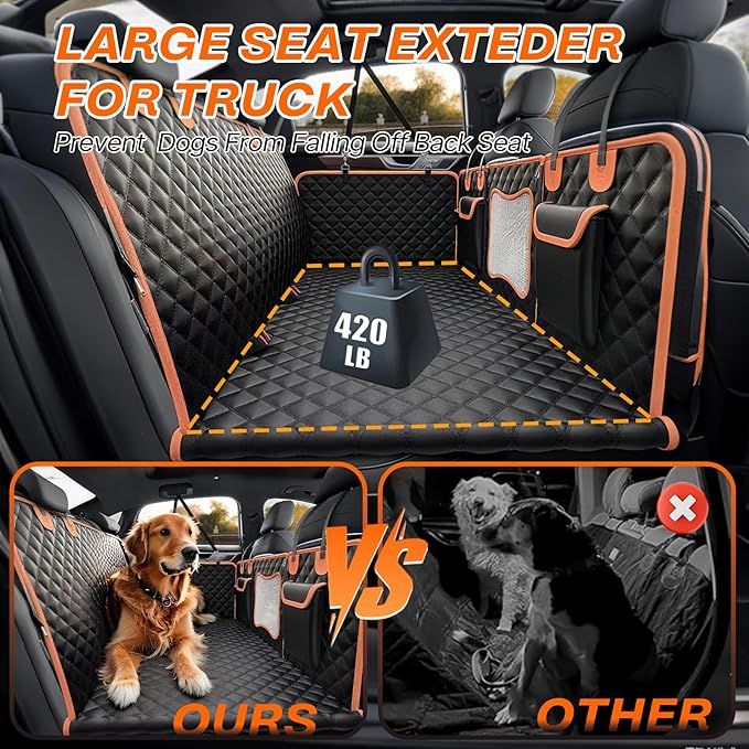Back Seat Extender for Dogs, Dog Car Seat Cover with Hard Bottom, Waterproof Dog Hammock for Car, Truck Pet Seat Cover, Holds 420lbs (Black)