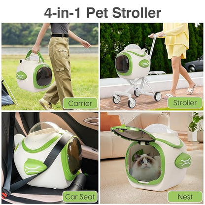 4 in 1 Foldable Pet Stroller with Detachable Carrier for Small Dogs & Cats, Space Capsule Travel Stroller with Inbuilt Fan,Temperature Display & Night Light,Puppy Kitty Doggie Bunny Stroller (Beige)