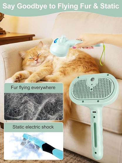 Dog Cat Steam Brush With UV Light, 3 in 1 Release Button Self-Cleaning Grooming Brush for Pets Cats Dogs, Hair Massaging Shedding for Small Animals Long Short Haired - Green