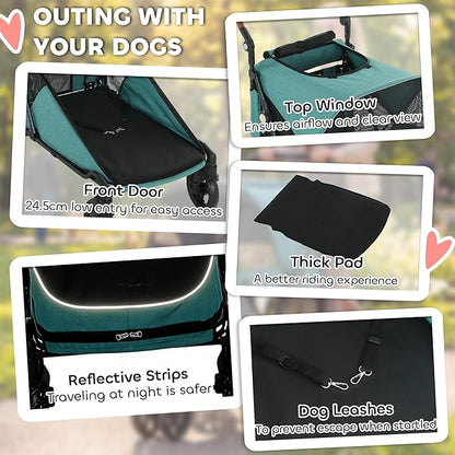 PawHut Dog Stroller for Large Dogs, One-Click Folding 4 Wheel Large Pet Stroller Wagon for Multiple Pets, All Terrain Spring Suspension w/ 8-Position Adjustable Handle, Mesh Window, Up to 66 LBS, Teal