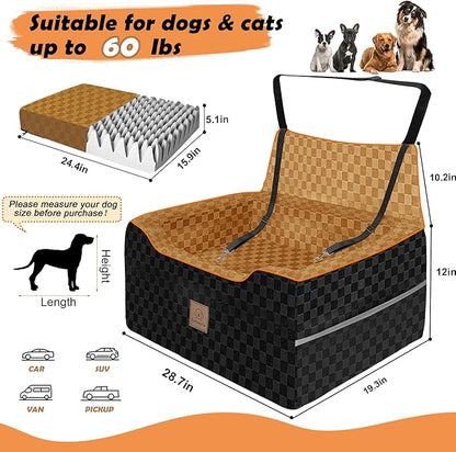 Large Dog Car Seat for Back Seat – Removable Dog Booster Seat & Washable Pet Car Seat for Medium & 2 Small Dogs up to 60lbs – Safety Straps & Storage Pocket – Travel & Home Use (Black/Brown)