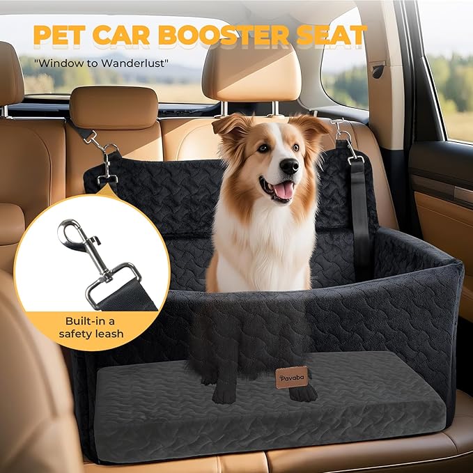 Dog Car Seat for Large Medium Dogs up to 60 lbs or 2 Small Dogs – Elevated Dog Booster Seat for Cars 14in Height, Washable Pet Car Seat, Thick Cushion Backseat with 2 Safety Leashes(Black Full)