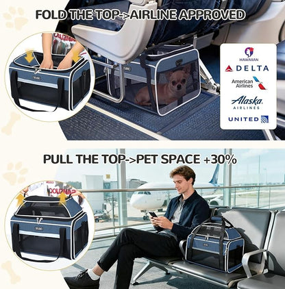 Lekereise Top-Expandable Pet Carrier 17x11x9.5 Inch Alaska Hawaiian Airline Approved Soft Sided Underseat to 12lbs Travel Carriers for Small Dogs and Cats with Locking Safety Zippers Anti-Scratch Mesh