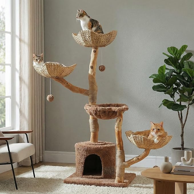 59" Cat Tree Tower with Real Solid Wood Natural Branch, Modern Cat Tree for Large Cats w/3 Handwoven Wicker Baskets- Luxury Boho Cat Furniture w/Condo & Soft Hammock, Scratching Post, Brown