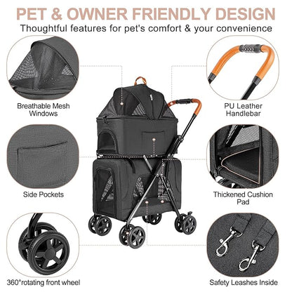 Double Pet Stroller with Detachable Carrier for Medium Small Dogs and Cats, Lightweight Dog Stroller Travel Carriage with No-Zip Canopy Storage Basket One-Click Folding and One-Foot Brake