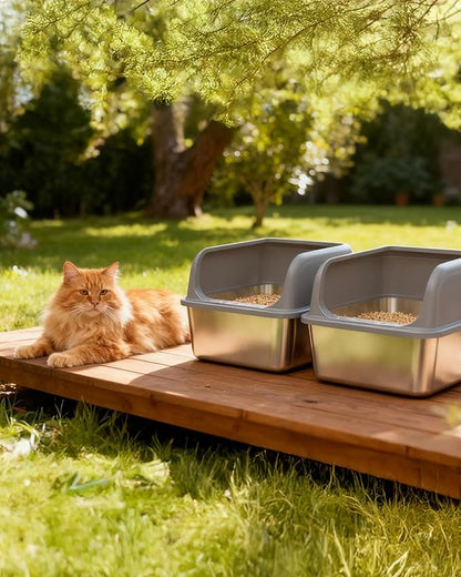 2-Pack Stainless Steel Cat Litter Box for Kitty with Scoops, Non-Stick & Easy-to-Clean Metal Cat Litter Box with Leakproof Enclosure, Grey