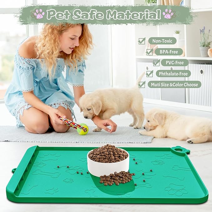 Dog Food Mat, Silicone Dog Mat for Food and Water -Pet Feeding Mats with Residue Collection Pocket, Waterproof Dog Cat Bowl Mats with Raised Edges and Hooks, Placemats for Cats and Dogs Water Bowl