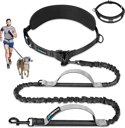 PetAmi Heavy Duty Hands Free Dog Leash, Adjustable Waist Belt for Large Dog Walking Up to 125 lbs, Bungee Leash for Pet Running, Hiking, Reflective Safety for Jogging, Biking, Grey Handle