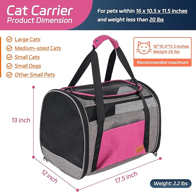 Large Cat Carrier for 20 lbs Pets - Soft Sided Breathable Mesh Travel Carrier, Airline Approved, Washable for Small Dogs Puppies, Foldable, Pink