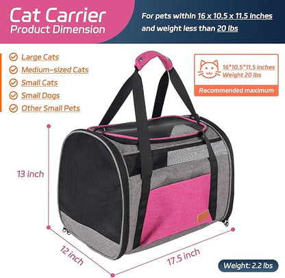 Large Cat Carrier for 20 lbs Pets - Soft Sided Breathable Mesh Travel Carrier, Airline Approved, Washable for Small Dogs Puppies, Foldable, Pink