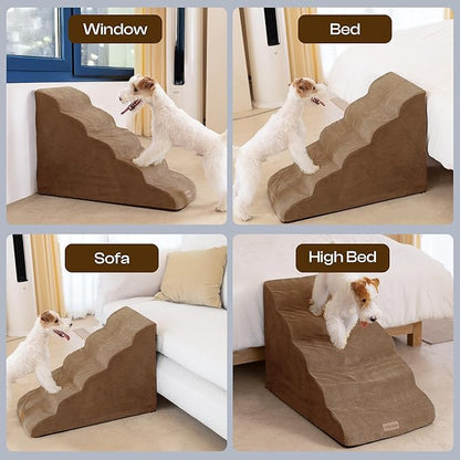 Extra Wide Dog Stairs for Large Dogs Up to 80lbs, 25" Pet Steps for High Bed with Washable Cover, 5-Step Foam Bed & Couch Ladder for Small Medium Dogs & Senior Cat, Coffee