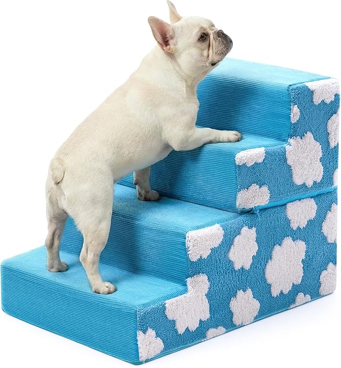 Jetec Dog Stairs for Bed 18" H 4-Step Bottom Foldable Non Slip Foam Dog Pet Stairs 2 in 1 Jacquard Shaggy Plush for High Bed Couch and Sofa Chairs Small Medium Dogs Cats