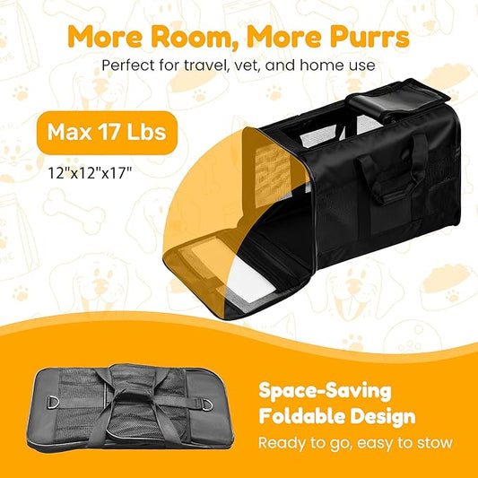 Simple Deluxe Airline-Approved Cat Carrier, 17" x 12" x 12", Soft-Sided Pet Carrier for Cats, Small Dogs, Kittens & Puppies up to 17 lbs, Durable & Collapsible Travel Carrier, Black