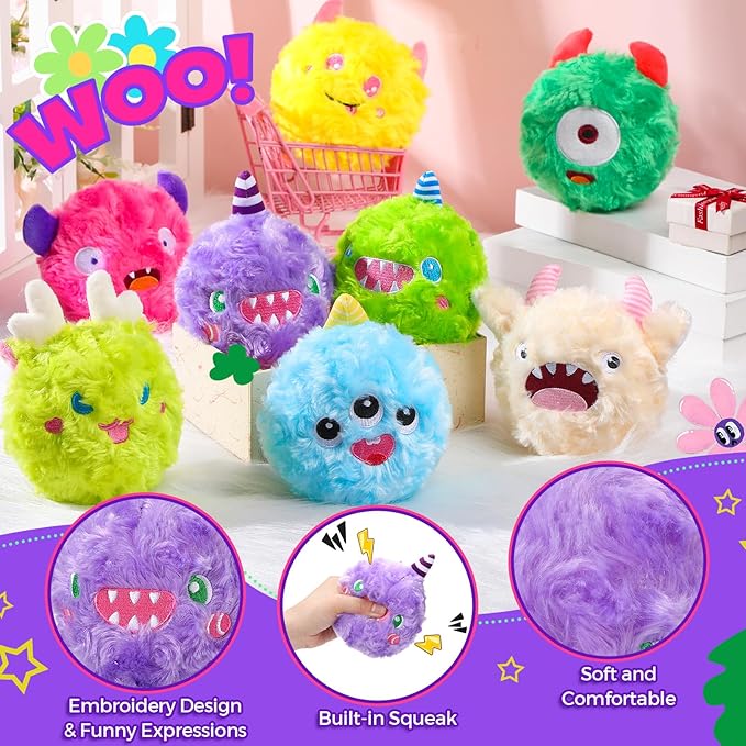 HyDren 8 Pack Plush Squeaky Dog Ball Dog Toys Gift for Small Medium Teething Puppy 2 In1 Fuzzy 4" with Squeakers Cute Funny Chewing Toys for Pet Gift(Cute)