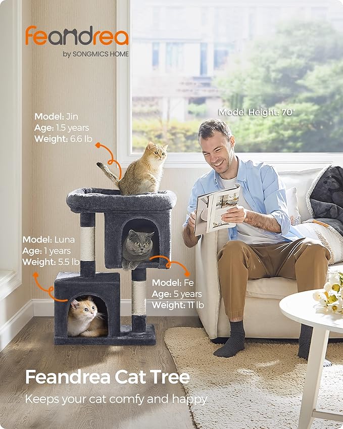 Feandrea Cat Tree, 29.1-Inch Cat Tower, Plush Condo for Medium Cats up to 11 lb, Large Perch, 2 Caves, Scratching Post, Smoky Gray UPCT612G01