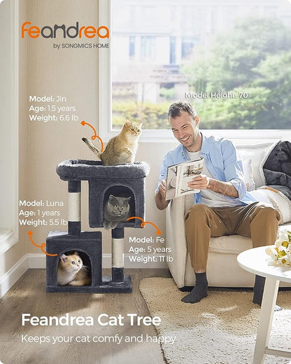 Feandrea Cat Tree, 29.1-Inch Cat Tower, Plush Condo for Medium Cats up to 11 lb, Large Perch, 2 Caves, Scratching Post, Smoky Gray UPCT612G01