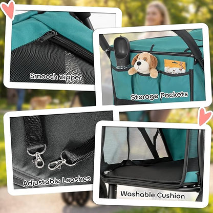 PawHut 3 Wheel Pet Stroller, Dog Stroller Dual Entry, Easy One-Click Quick Fold, All-Terrain Wagon Cart with Air Mesh, Washable Cushion, for Small and Medium Dogs and Cats Up to 44 lbs, Dark Green