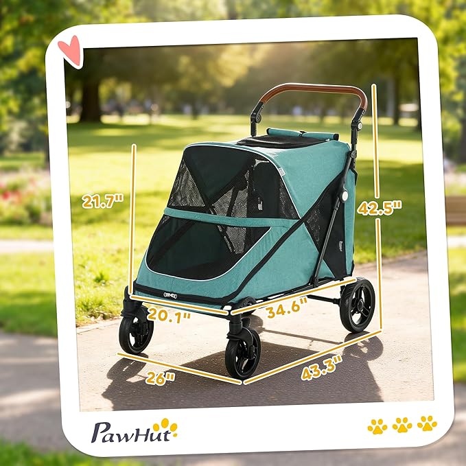 PawHut Dog Stroller for Large Dogs, One-Click Folding 4 Wheel Large Pet Stroller Wagon for Multiple Pets, All Terrain Spring Suspension w/ 8-Position Adjustable Handle, Mesh Window, Up to 66 LBS, Teal
