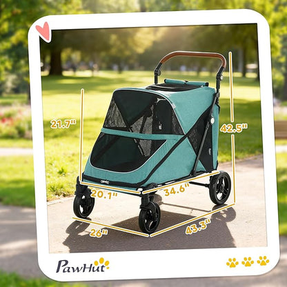 PawHut Dog Stroller for Large Dogs, One-Click Folding 4 Wheel Large Pet Stroller Wagon for Multiple Pets, All Terrain Spring Suspension w/ 8-Position Adjustable Handle, Mesh Window, Up to 66 LBS, Teal