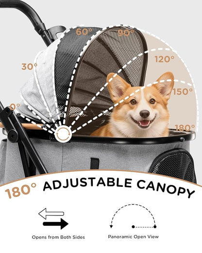 GTPLAYER 3 in 1 Pet Stroller with Removable Carrier, Foldable Stroller for Small/Medium Dogs and Cats, All-Terrain, with Sun Shades, Car Seat, Up to 45 lbs, Grey