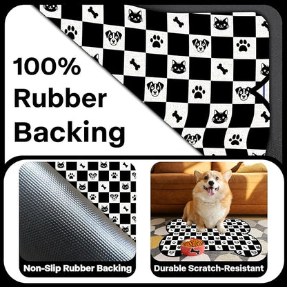 Pet Dog Cat Food Mat, Absorbent Bone Shaped Dog Bowl Mats for Food and Water, Non Slip Cute Footprint Dogs Cat Placemats Feeding Mat for Floors Puppy Pet Accessories Supplies 17"x30" Black White