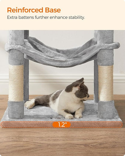 Feandrea Cat Tree, 55.1-Inch Cat Tower, Plush Multi-Level Condo with 4 Scratching Posts, 2 Perches, Hammock, Cave, Light Gray UPCT161W01