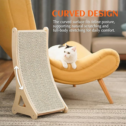 PETKARAY Curved Cat Scratcher, Sisal Kitty Scratching Ramp, L Shape Scratch Pad for Indoor Cats, 25.6" Furniture Protector with Mouse Toy, Chevron Style