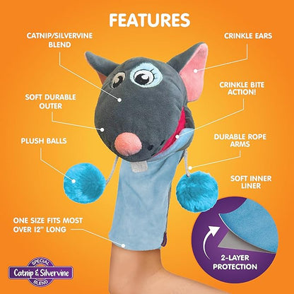 Pounce & Purr® Meow Mitt Wearable Cat Toy – Cat Wrestling Glove, “Pip S. Queek” Plush Mitten with Catnip & Silvervine, Crinkle Sounds & Dangling Arms for Bonding Play with Cats & Kittens (Mouse)