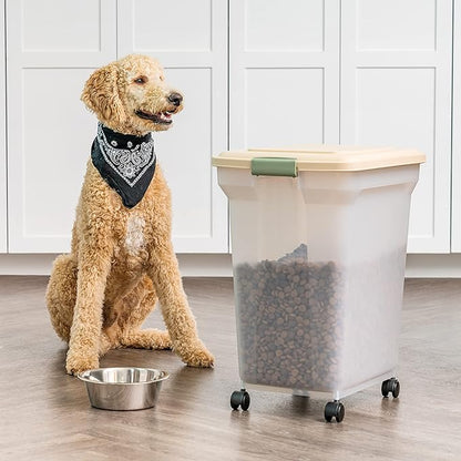 IRIS USA Dog Food Storage Container 58 lbs, Attachable Wheels, for Dog Cat Birds and other Pets, Food Storage Bin, Keep Fresh, Easy Mobility, BPA Free - Made in the USA, Almond/Clear