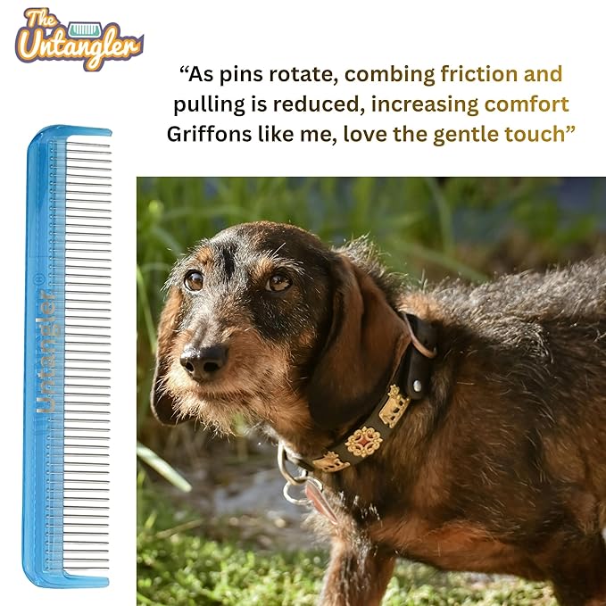 Pet comb with silky smooth rotating teeth for easy mat removal without pain to your pet (7" Sky Blue)