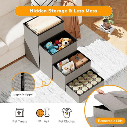 4-Step Wide Dog Stairs with Storage 23" H, Non-Slip Sturdy Pet Steps for High Bed Couch Window, Pet Stairs for Small/Medium/Large Old Dogs Cats Up to 220lbs, Cat Dog Steps for Car/SUV, Grey