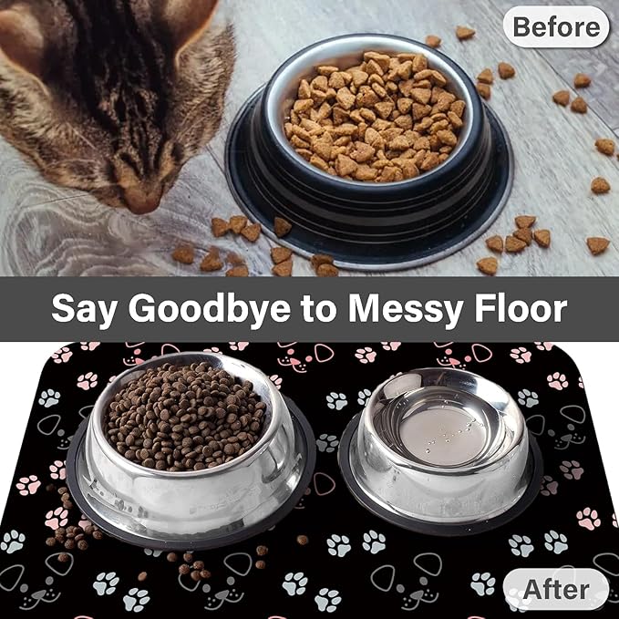 Patterned Cat & Dog Bowl Mat for Food and Water, 12"×20" Quick Dry Absorbent Pet Feeding Mat, Eco-Friendly Dog Placemat
