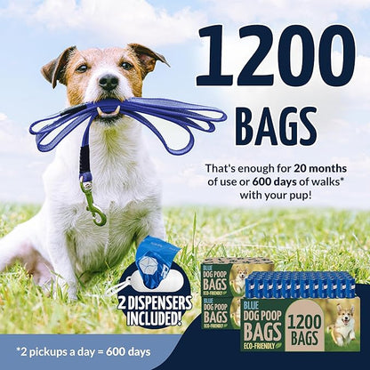 Reli. Biodegradable Dog Poop Bags Rolls (1200 Pack, 80 Rolls) | 9"x13" Poop Bags | Unscented, Leak Proof Oxobiodegradable Pet Waste Clean Up | Blue Eco-Friendly | 2 Leash Clip Holders Included