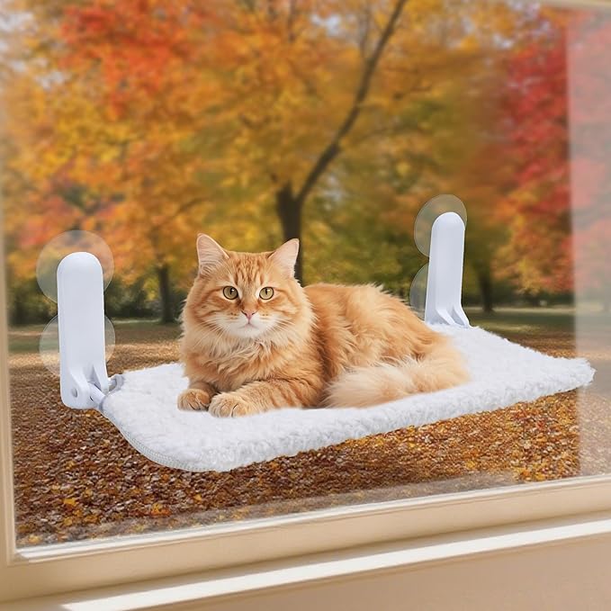 Cat Window Perch, Cordless Foldable Cat Hammock Bed with 4 Suction Cups, Embeded Machine Washable Bed for Indoor Cats, Strong Metal Frame Holds 40lbs (Beige)