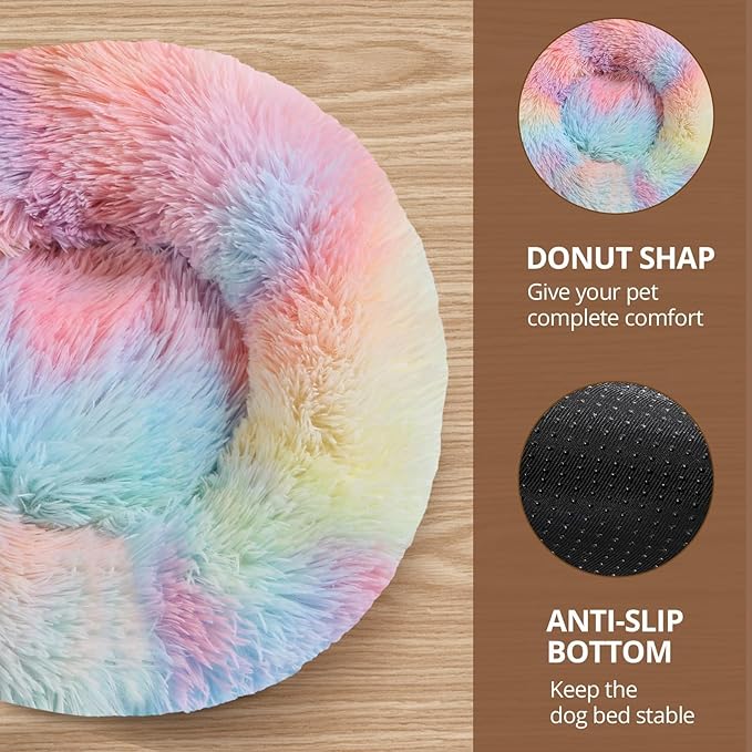 JOLLYVOGUE Calming Dog Bed Medium Size Dog, Anti-Anxiety Donut Medium Pet Bed, 27 inches Fluffy Faux Fur Round Cat Bed (Rainbow)
