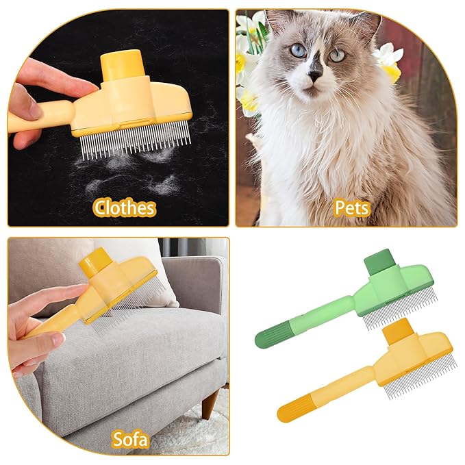 Flea Comb for Dogs and Cats with Release Button, 2PCS Comfort safety Pet Hair Removal Comb & Flea Combs with Long & Short Stainless Steel Metal Teeth for Short/Long Hair