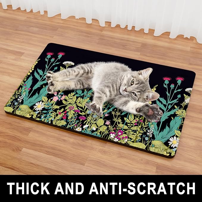Dog Food Mat, 12" x 19" Absorbent Dog Cat Bowl Mat for Food and Water, Cute Anti-Slip Rubber Pet Feeding Rug Protect Floors, Placemat for Feeding & Watering Supplies, Midnight Flower
