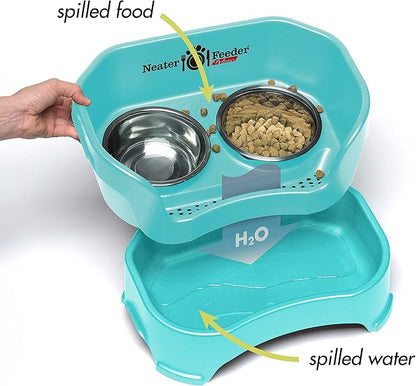 Neater Feeder Deluxe Mess-Proof Elevated Dog Bowls for Small Dogs (Up to 19 lbs), 2 Height Adjustable (6” & 7.5”) No-Spill Raised Dog Bowl Stand, Stainless Steel Food Bowl Set, Made in USA, Aquamarine