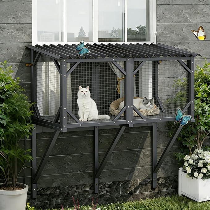 Cat Window Box Catio Outdoor Pet Patio with Bug Proof Net for Sunbathing, Napping＆Bird Watching Cat Outside Enclosure no Drill Window Perch for Indoor Cats for Apartments, Grey/White (Grey)