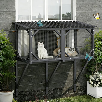 Cat Window Box Catio Outdoor Pet Patio with Bug Proof Net for Sunbathing, Napping＆Bird Watching Cat Outside Enclosure no Drill Window Perch for Indoor Cats for Apartments, Grey/White (Grey)