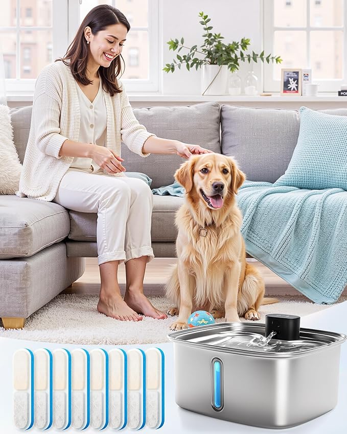 10L Pet Water Fountain Filters, Stainless Steel Dog Cat Dispenser with Wi-Fi, 2.64 Gallon Automatic Filtered Water Bowl Using Filter, 8 Filters and Sponges