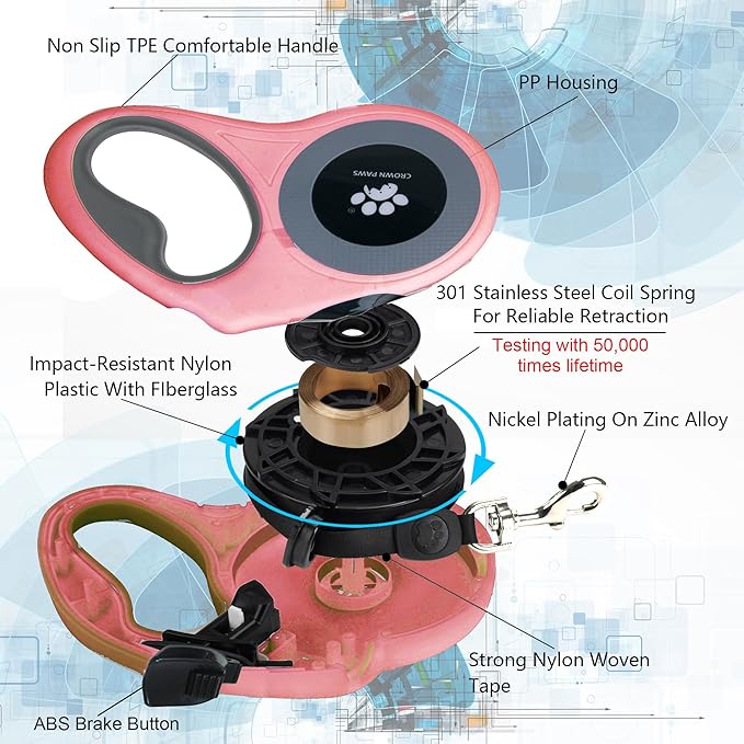 16 ft Retractable Dog Leash for Extra Large Dogs up to 130 lbs,Tangle-Free Nylon Tape,Pink Dan24 XL