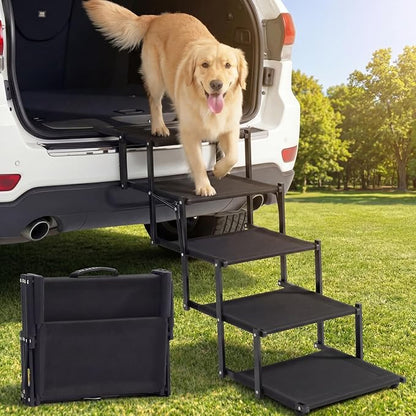 Extra Wide Dog Stairs for Car, Foldable Pet Steps for Large Dogs with Non Slip Surface, Dog Ramp for Truck and SUV, Portable Pet Stairs Supports Up to 150 Lbs (5 Steps)