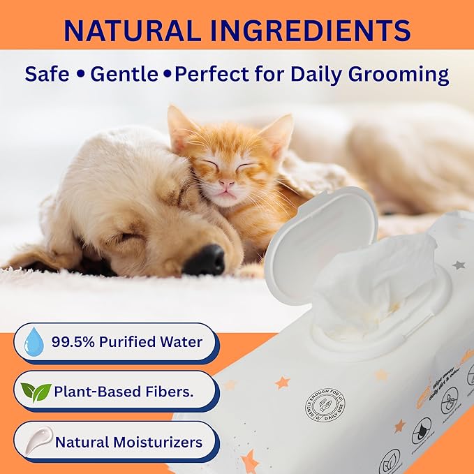 Aurora Pet Wipes – 100% Natural, Plant-Based Hypoallergenic Grooming Wipes for Dogs & Cats – Extra-Durable, Large & Thick for Effortless Cleaning (Combo, 200 Count)